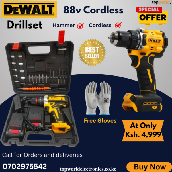 Dewalt 88V Cordless Electric Drill With 2 Battery Bits, Accessories
